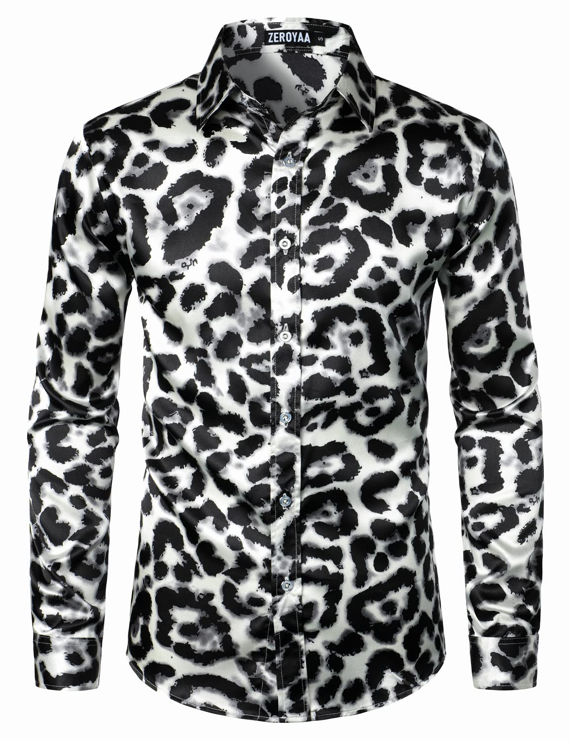 ZEROYAA Men's Printed Design Satin Button Up Dress Shirt