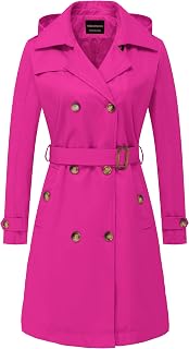 CREATMO US Women's Long Trench Coat Double-Breasted Classic Lapel Overcoat Belted Slim Outerwear Coat with Detachable Hood