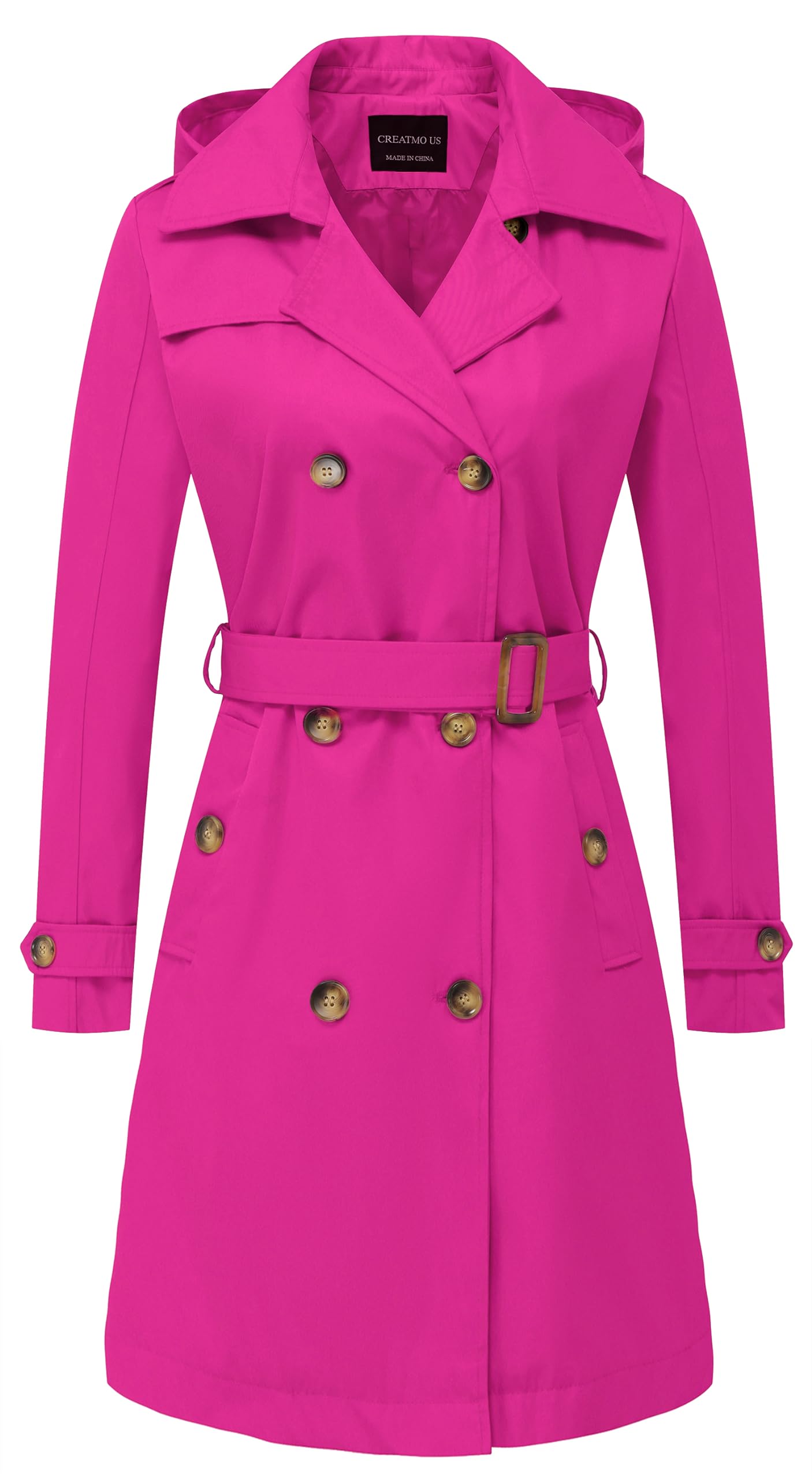 CREATMO US Women's Long Trench Coat Double-Breasted Classic Lapel Overcoat Belte