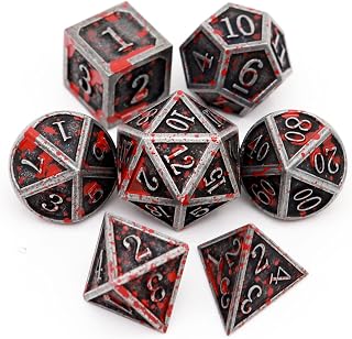 Haxtec Metal DND Dice Set, 7 Pcs Bloodstained Polyhedral Dice for RPG | Blood D&D Dice with Leather Bag, Compatible with Dungeons and Dragons, Heavy Metallic, Halloween Dice, TTRPG Gifts