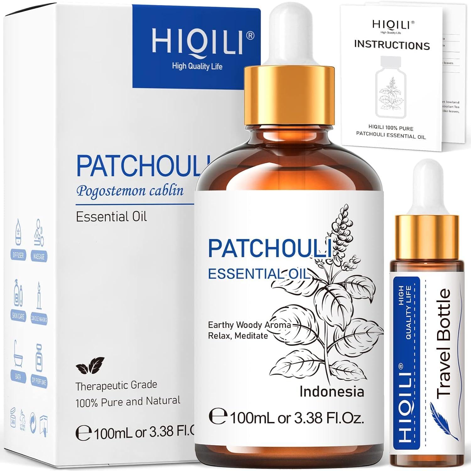 HIQILI Patchouli Essential Oil 100ml, Natural Pure for Aromatherapy Diffuser, Sk