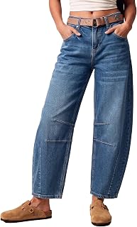 Sidefeel Women's Barrel Jeans Wide Leg Mid Rise Y2k Ankle Denim Pants
