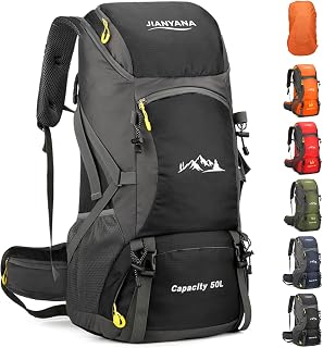 jianyana Hiking Backpack Waterproof 50L Foldable Rucksack Durable Lightweight Camping Bag with Rain Cover for Camping Trekking Hiking Walking Cycling Climbing Outdoor Sports for Women Men