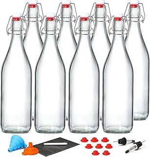 8 PACK [1 Liter/33 fl. oz.] Swing Top Glass Bottles w/ 2 Funnels & Pourers | Airtight Flip Top Brewing Fermentation Bottle for Beverages, Kombucha, Soda, Beer, Coquito, Kefir, Wine, Carbonated Drinks