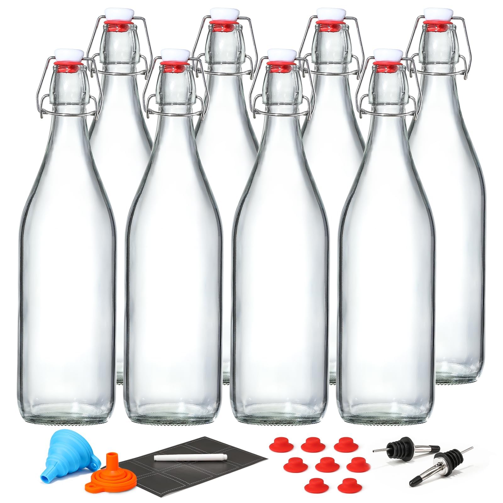 8 PACK [1 Liter/33 fl. oz.] Swing Top Glass Bottles w/ 2 Funnels & Pourers | Air