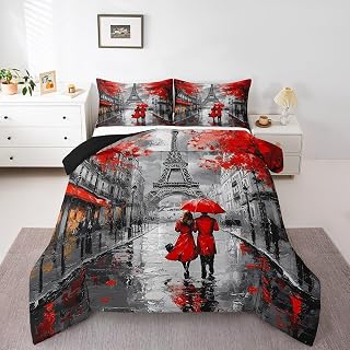 Eiffel Tower Comforter Set King for Girls Women Romantic Paris Street Bedding Sweet Couple Red Flower Lovers French Style Floral Quilted Comforter,