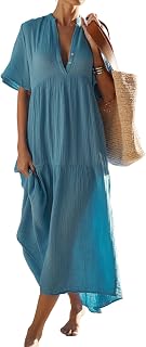 R.Vivimos Womens Summer Cotton Flowy Maxi Dress Short Sleeve V Neck Empire Waist Boho Tiered Ruffle Casual Loose Long Dresses