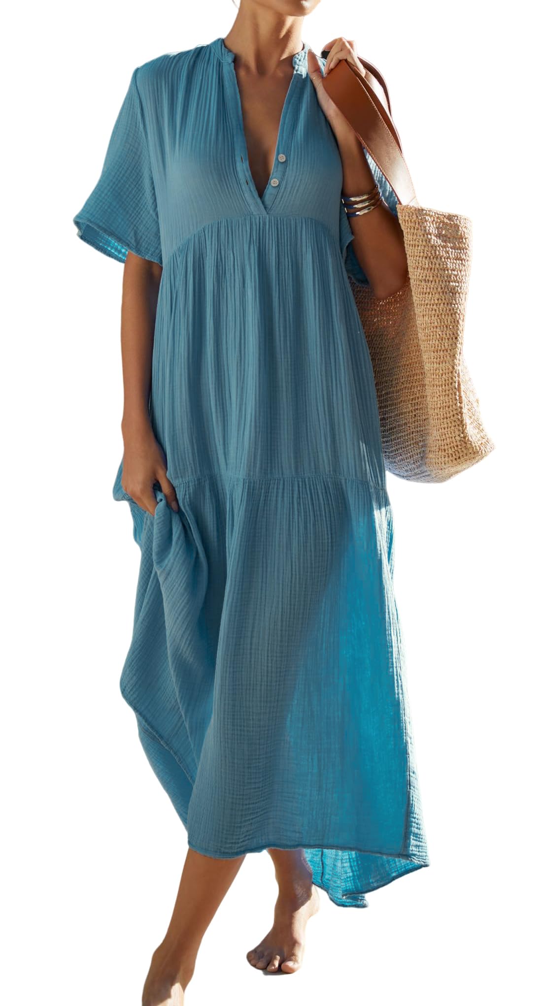 R.Vivimos Womens Summer Cotton Flowy Maxi Dress Short Sleeve V Neck Empire Waist