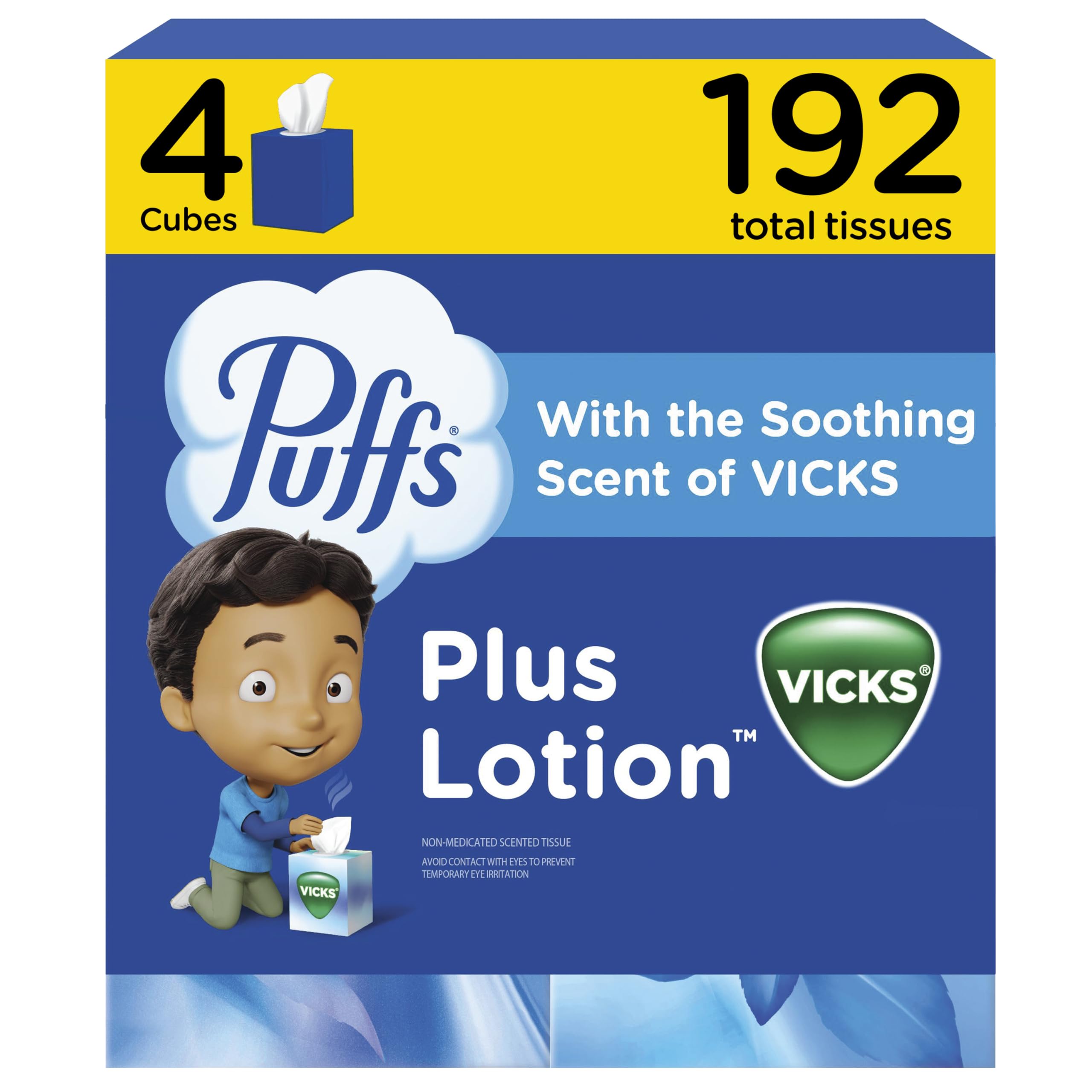 Puffs Plus Lotion with Vicks Facial Tissues, 4 Cubes, 48 Tissues per Box (192 Ti