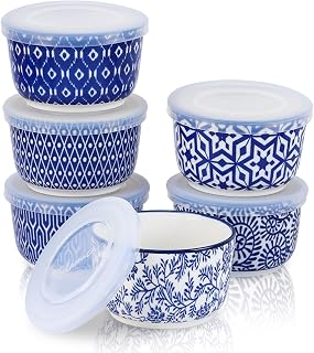 Selamica 8 oz Ramekins with Lids, Set of 6, Vintage Blue | Oven Safe Creme Brulee Ramekins with Covers, Souffle Dishes Pudding Custard Cups, Stackable Ceramic Small Ramekin Bowls Set