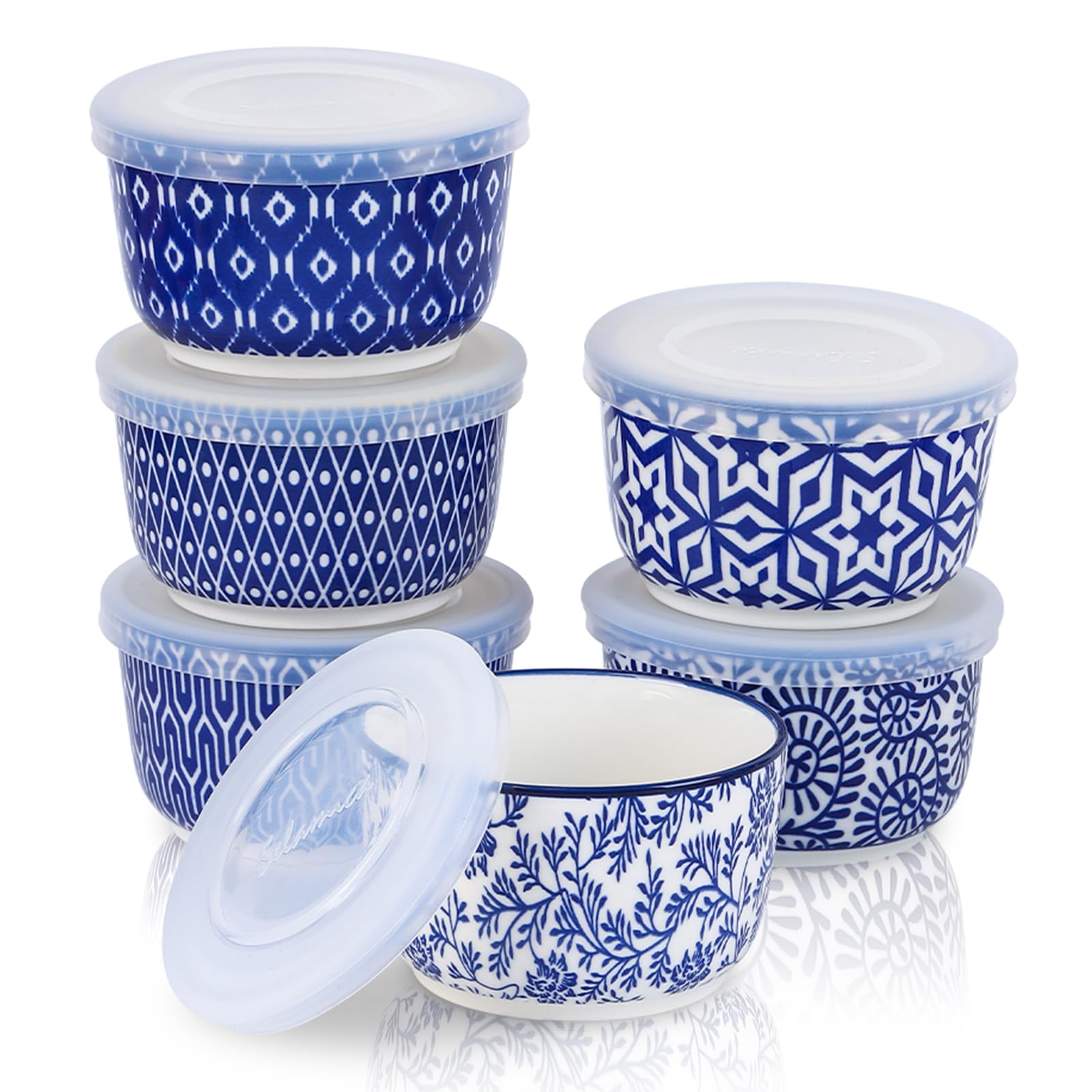 Selamica 8 oz Ramekins with Lids, Set of 6, Vintage Blue | Oven Safe Creme Brule