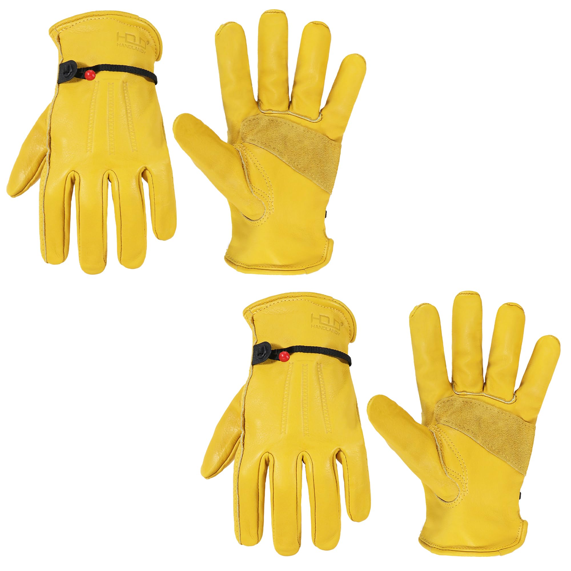 HANDLANDY Leather Gardening Gloves, Work Gloves, 2 Pairs, Golden, L