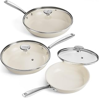 Redchef Pfannenset Keramik Induktion 6-teiliges, Antihaft Bratpfannen 20 24 28 cm mit Deckel für alle Herdarten, Edelstahlgriff, PTFE-frei PFAS-frei PFOA-frei, Backofenfest, Spülmaschinenfest (beige)