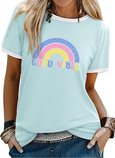 WIEIYM Women's Rainbow Graphic Good Vibes Letter Print Summer T-Shirt Basic Short Sleeve Top