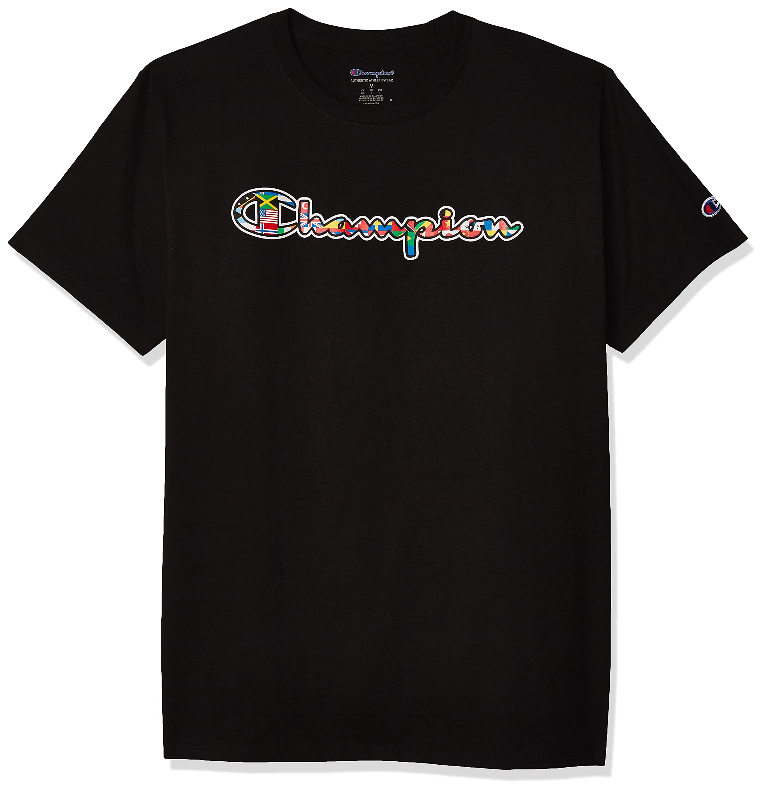 Champion Classic Tee Men's T-Shirt, Black - Multi Flag Script, L