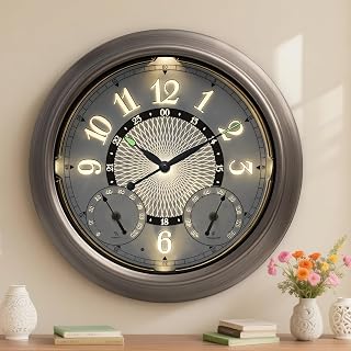 Pytha Sight 18 Inch Metal Illuminated Outdoor Clocks for Patio Waterproof | 18 Inch Large Outdoor Wall Clock Waterproof with Auto Light Smart Sensor,Thermometer & Hygrometer for Patio,Pool,Garden,Porch