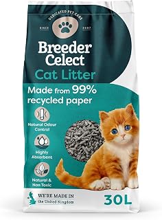 Breeder's Choice Paper Cat Litter (30L) - 99% Recycled Paper | Highly Absorbent with Excellent Odour Control. Non-Clumping, Biodegradable and Compostable. Safe and Non-Toxic. Made in UK.