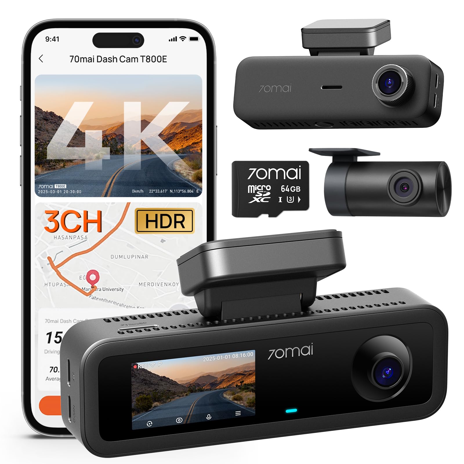 70mai 4K Dash Cam Front and Rear Inside, 3 Channel Car Dash Camera for Cars, Das