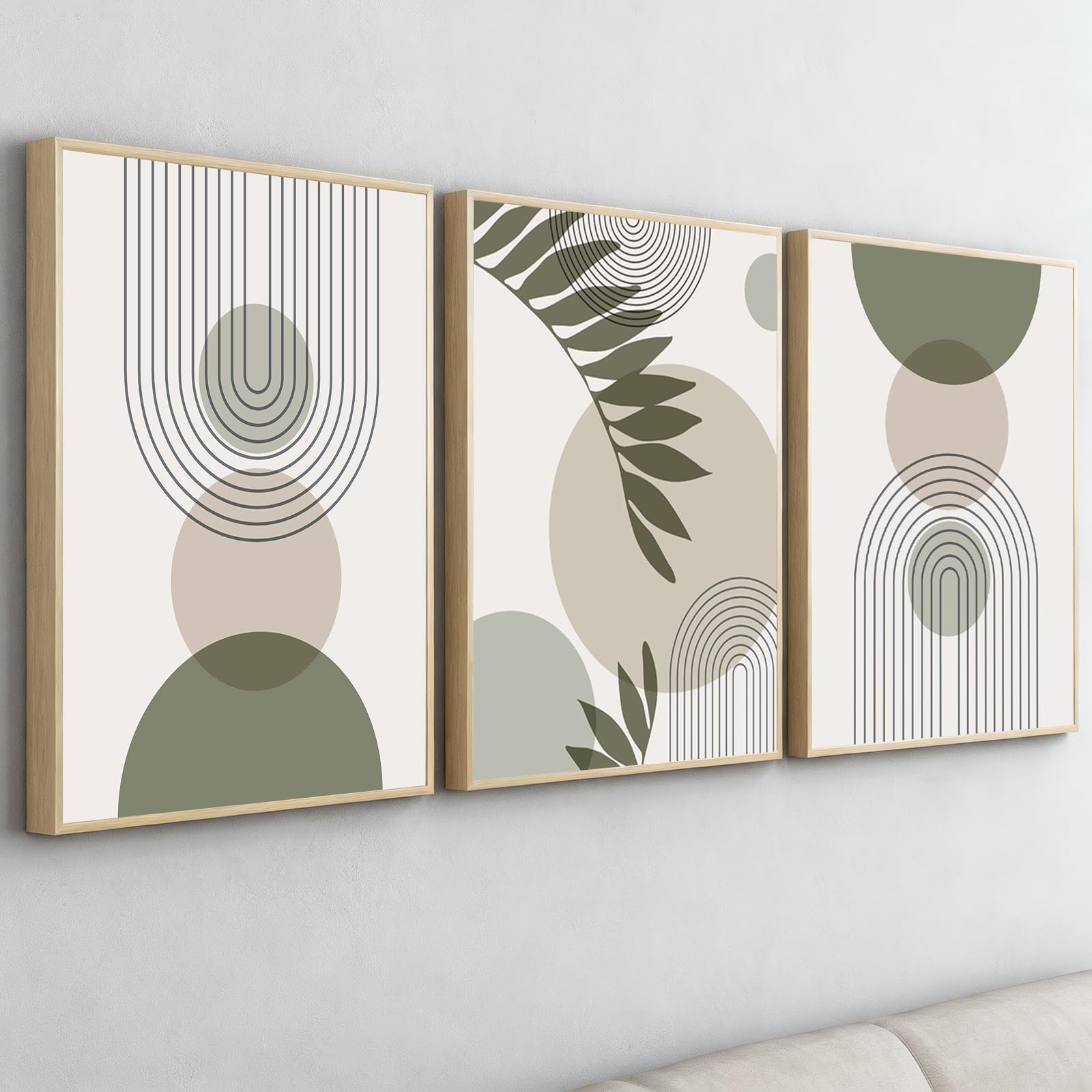 PWAAHDC Sage Green Framed Canvas Wall Art Set of 3 - Large Boho Abstract Prints 