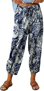 Women's Capri Pants High Waist Drawstring Cinch Bottom with Button Cotton Loose Casual Trouser with Pockets