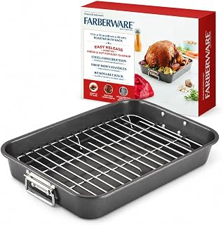 Farberware Bakeware Nonstick Roaster, Roasting Pan with Rack, Gray | Roast pan with flat rack, 11-inch x 15-inch, with easy cleaning and less sticking, warp-resistant roasting pan