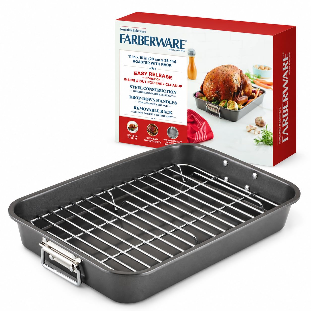 Farberware Bakeware Nonstick Roaster, Roasting Pan with Rack, Gray | Roast pan w