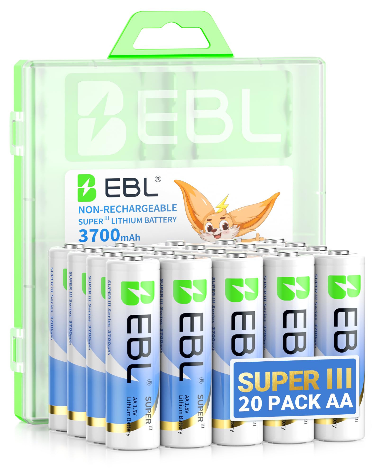 EBL 3700mAh AA Lithium Batteries, 20 Pack 1.5V Longest-Lasting Non-Rechargeable,