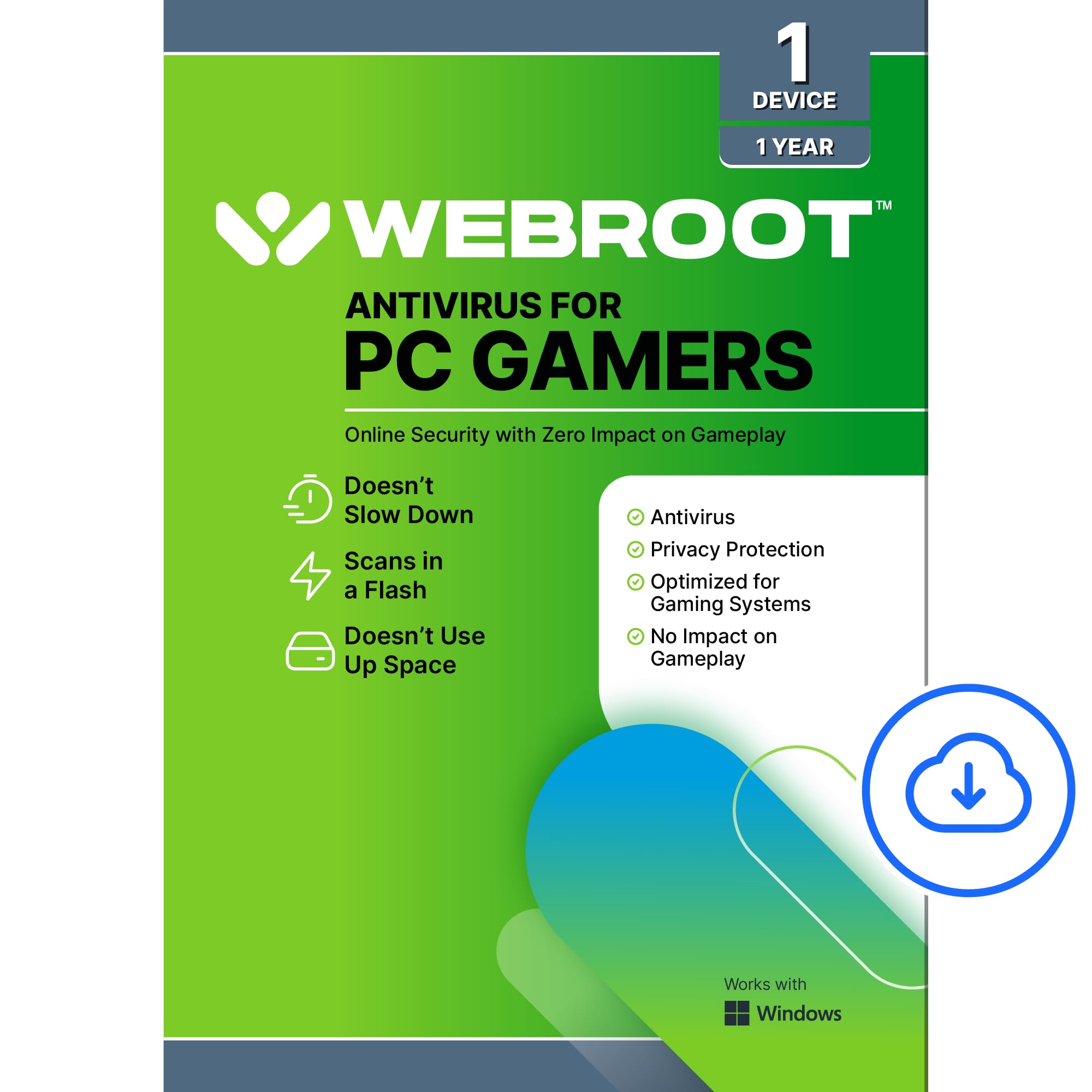 Webroot Antivirus for PC Gamers 2026 | 1 Device | 1 Year Download + System Perfo