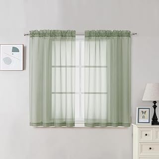 OVZME 2 Panels Window Sage Green Sheer Curtains 42" x 45" Inches for Small Windows, Soft Touching Top Dual Rod Pocket Drapes for Living Room & Bedroom