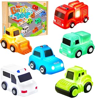 Light Up Bath Toys for 1 2 3 Year Old, 6 Pack No Hole No Mould Bath Cars | Water Activated LED, BPA Free PVC, Flashing Sensory, Toddler Baby Bathtub Toys, Birthday Gift for Boys Girls, Pool Beach