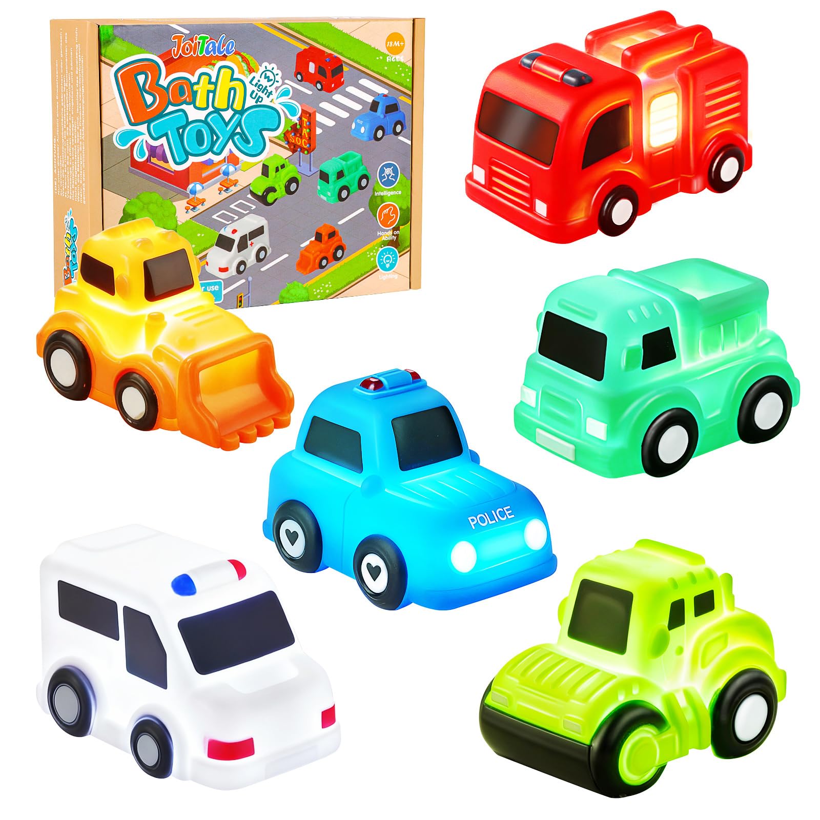 Light Up Bath Toys for 1 2 3 Year Old, 6 Pack No Hole No Mould Bath Cars | Water