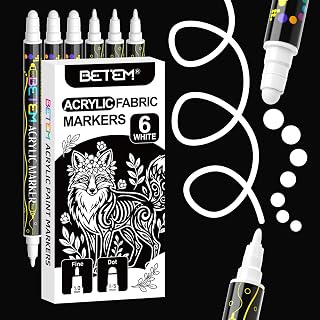 Betem 6 White Dual Tip Acrylic Paint Markers, Fabric Decorating Kits | Acrylic Paint Pens Art Supplies for Fabric, Rock, Wood, Glass, Canvas, Ceramic, Pumpkin Painting Kit & Halloween Crafts