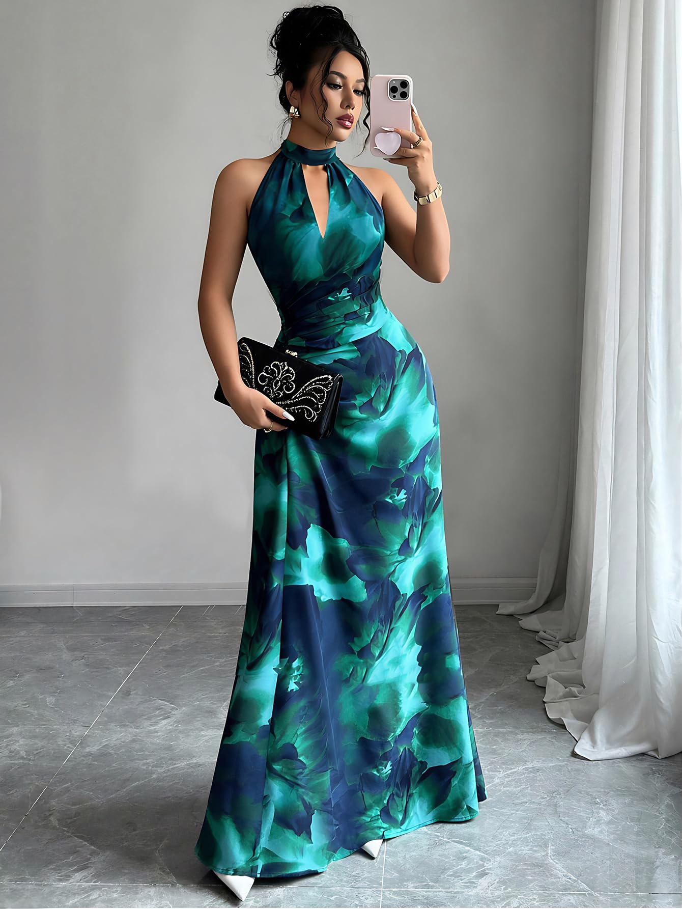 Women's Floral Print Backless Long Dress Ruched Waist Backless Formal Evening Dr