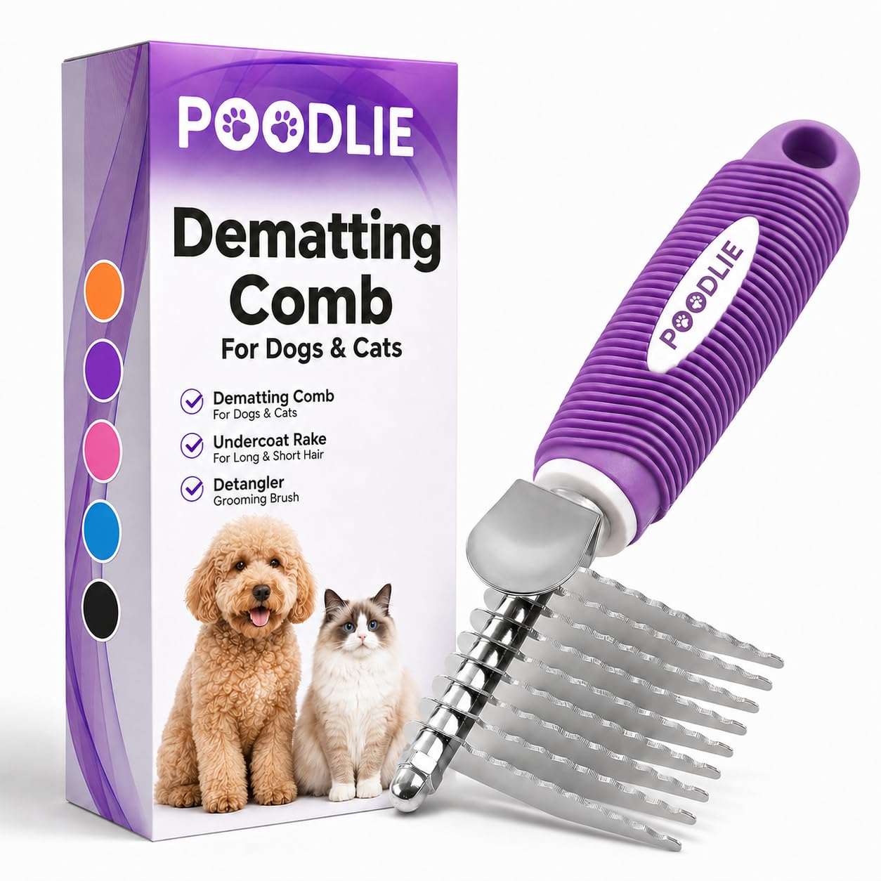 Poodle Dematting Fur Rake Comb Brush for Dogs and Cats - Long 2.5" Steel Safety 