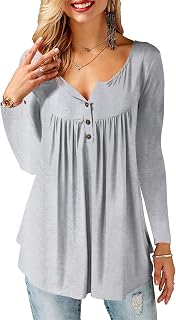 Beluring Women Casual V Neck Tops Long Sleeve Pleated Tunic Tops Shirts Blouse