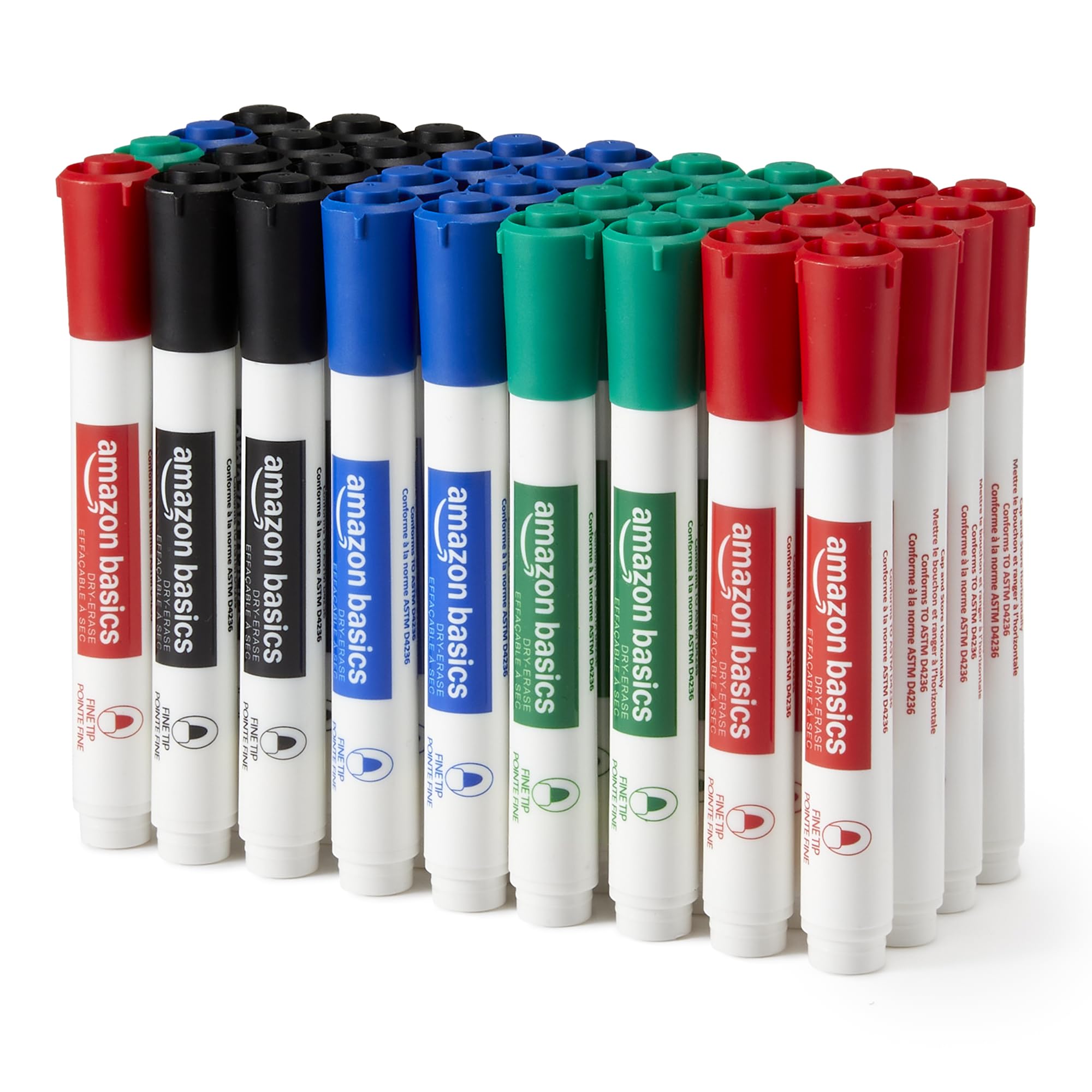 Amazon Basics Low-Odor Dry Erase Whiteboard Markers, Fine Tip, 4 Assorted Colors