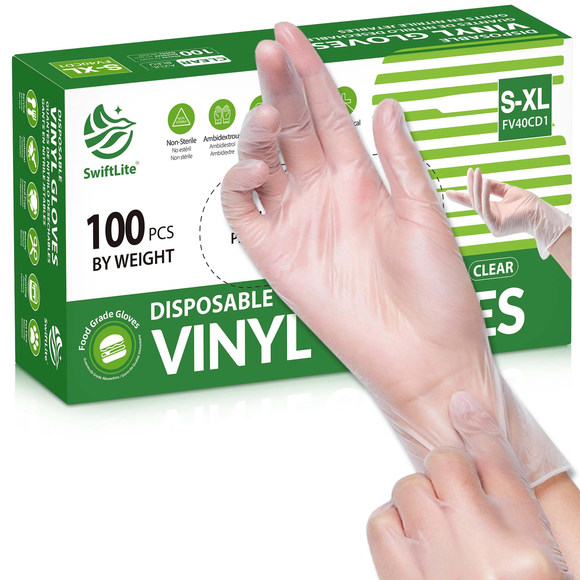 SWIFTLITE Disposable Vinyl Gloves, Food Safe | Latex-Free Powder-Free Clear Plas