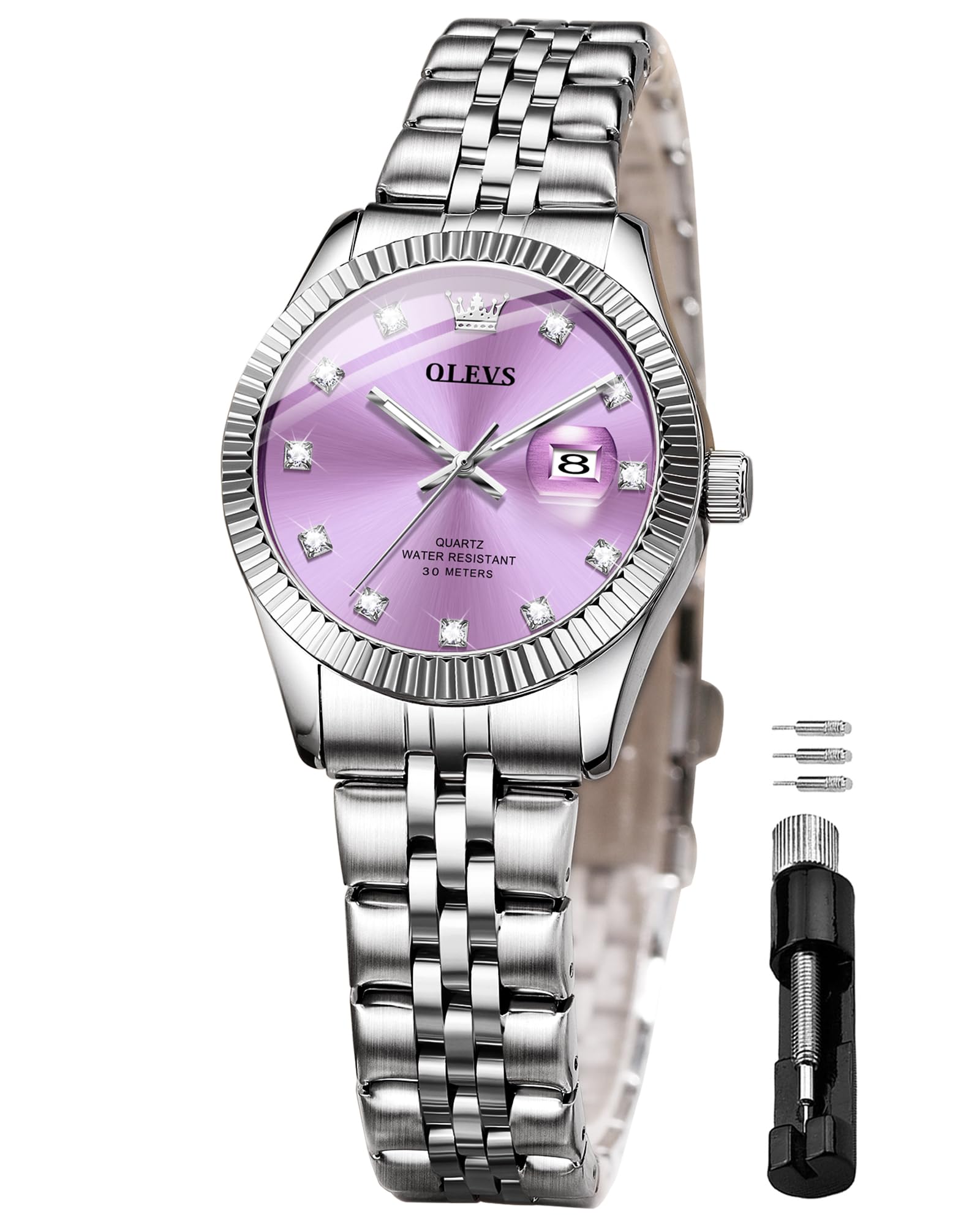 OLEVS Orologio da polso da donna con diamanti, analogico, al quarzo, in acciaio 