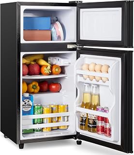 3.2 Cu.Ft Mini Fridge with Freezer, 7-Level Cooling Small Refrigerator | Energy Efficient Low Noise Double Door Compact Fridge for Dorm, Bedroom, Office - Black