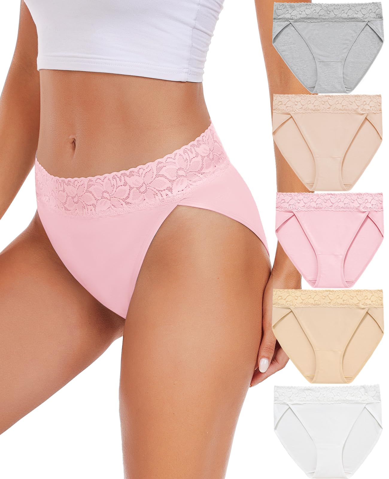 RHYFF Womens Underwear Cotton Bikini Panties High Cut Lace Panty Stretch Hipster
