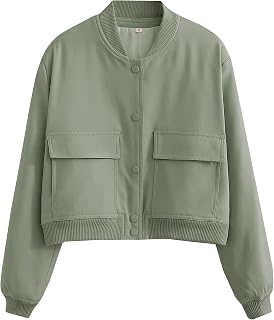 SCUSTY Women's Button Down Bomber Jacket Drop Shoulder Short Cropped Coat Outwear