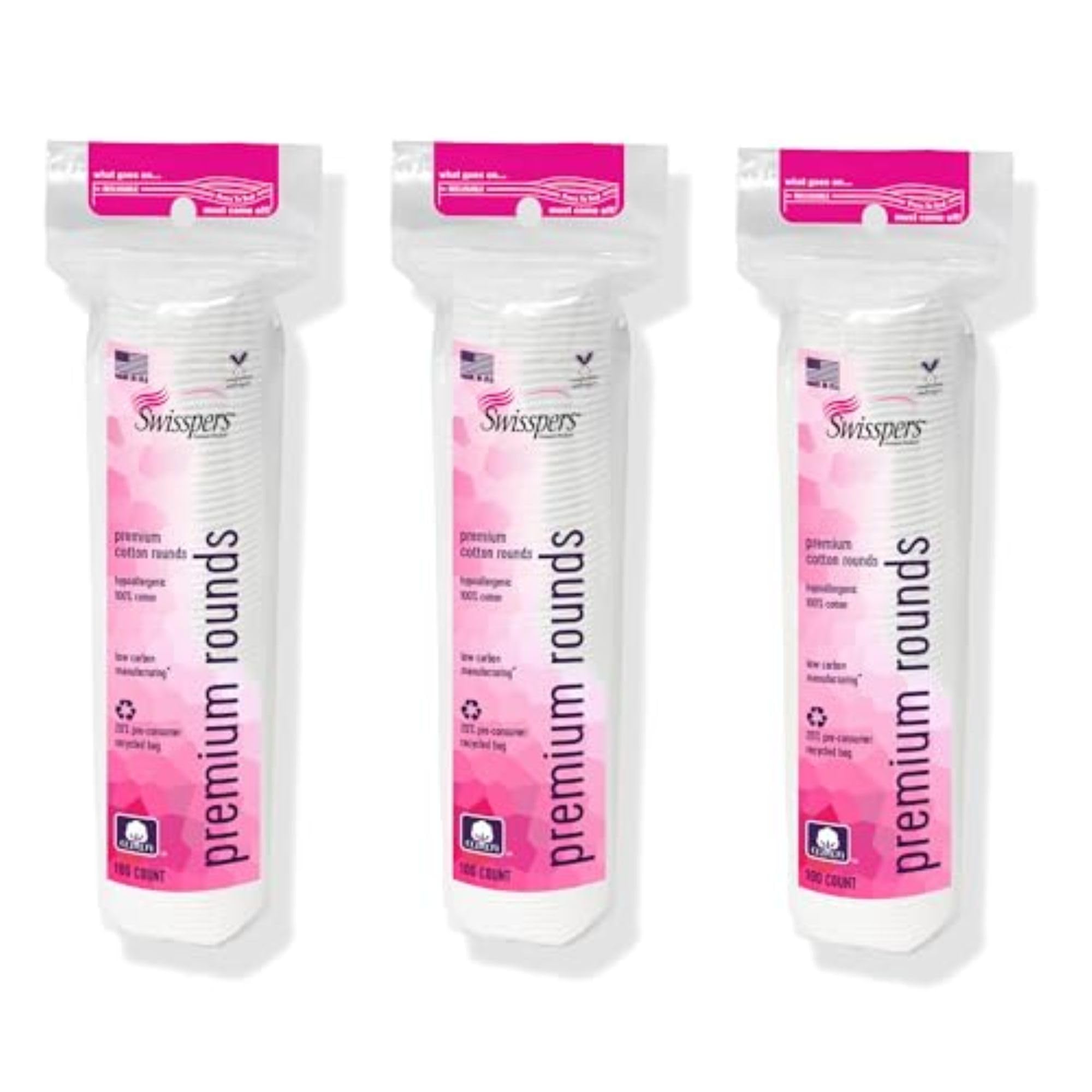 Swisspers Premium Cotton Rounds, Dual-Sided, 100 Count (Pack of 3) | Hypoallerge
