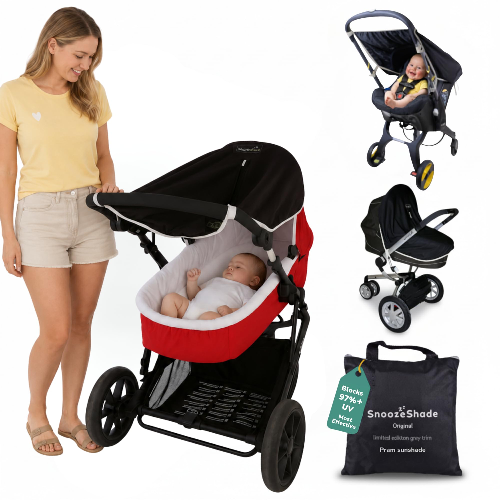 SnoozeShade Original pram Sun Shade and Parasol Alternative, 97%+ UV | Grey trim