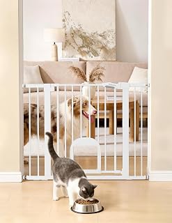Babelio Dog Gate with Adjustable Cat Door, CatPrivilege III, 29-43", White | Pressure Mounted Pet Gate for Doorways and Halls, Auto-Close, Easy Walk-Through Access, Triple Lock