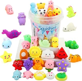KINGYAO Squishies Squishy Toy 24pcs Party Favors for Kids Mochi Squishy Toy moji Kids Mini Kawaii squishies Mochi Stress Reliever Anxiety Toys Easter Basket Stuffers fillers with Storage Box