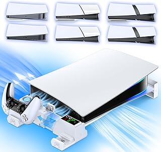 PS5/Slim/Pro Horizontal Stand with Cooling Fan & Charger for Original & Edge Controllers, Scalable Design PS5 Accessories Base with EVA Foams for All PS Five Disc & Digital, PS 5 Sideways Stand White
