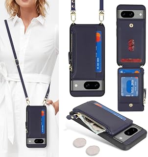 Cavor Custodia a portafoglio per Google Pixel 8, custodia per telefono per Pixel 8 Crossbody Case con cinturino, custodia a portafoglio Pixel 8 da donna, custodia in pelle con tasca con cerniera, blu