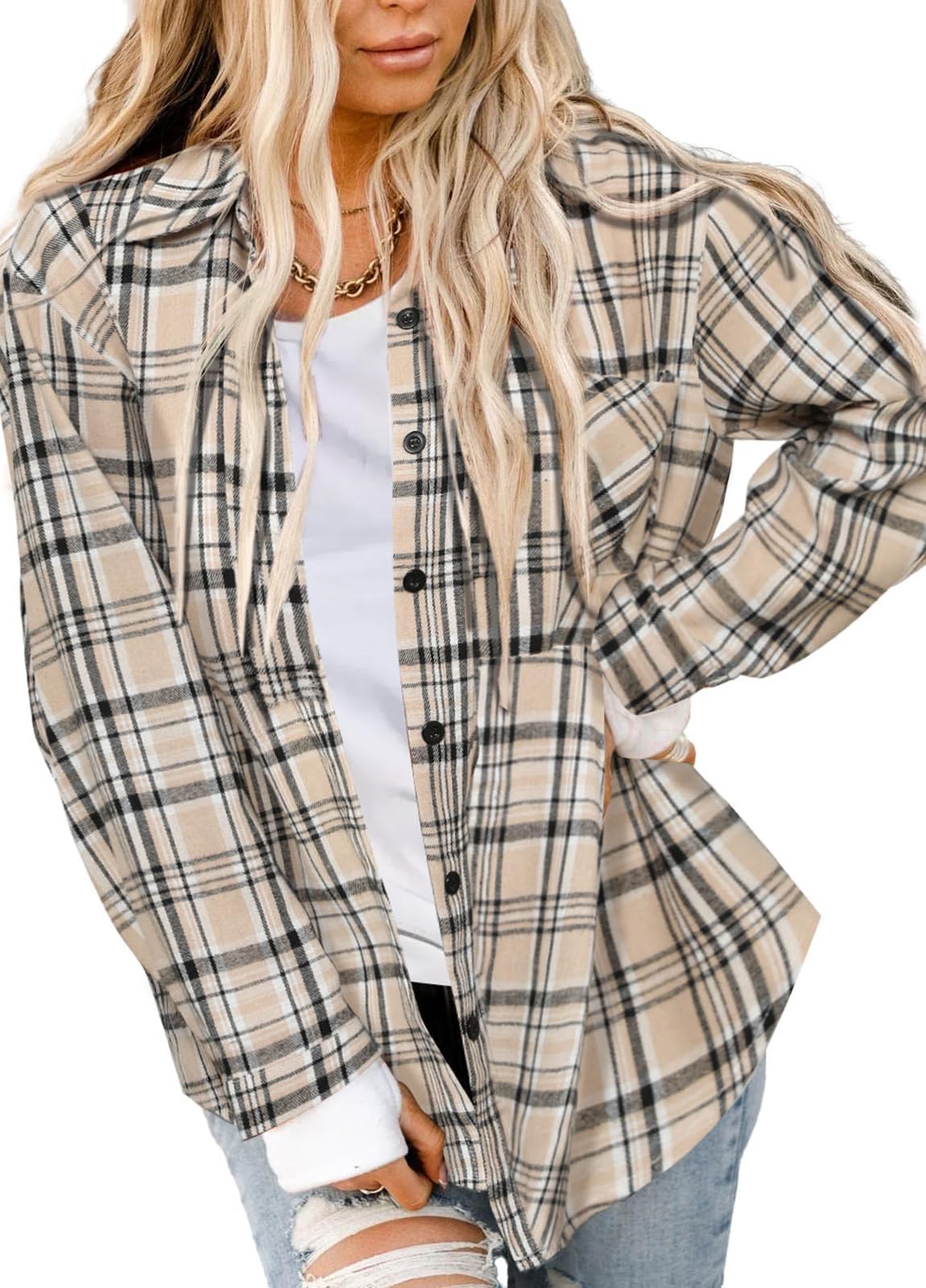 Asiertiy Women's Buffalo Check Flannel Shirt Long Sleeve Button Down Collar Ligh