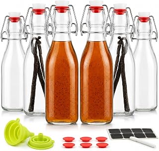 Vanilla Extract Bottles [8.5 oz, 6-Pack] – Flip Top Swing Top Glass Bottles for Homemade Extracts, Kombucha, Coquito, Juice – Airtight Leak-Proof Caps with Funnel, Extra Gaskets, Labels & Marker