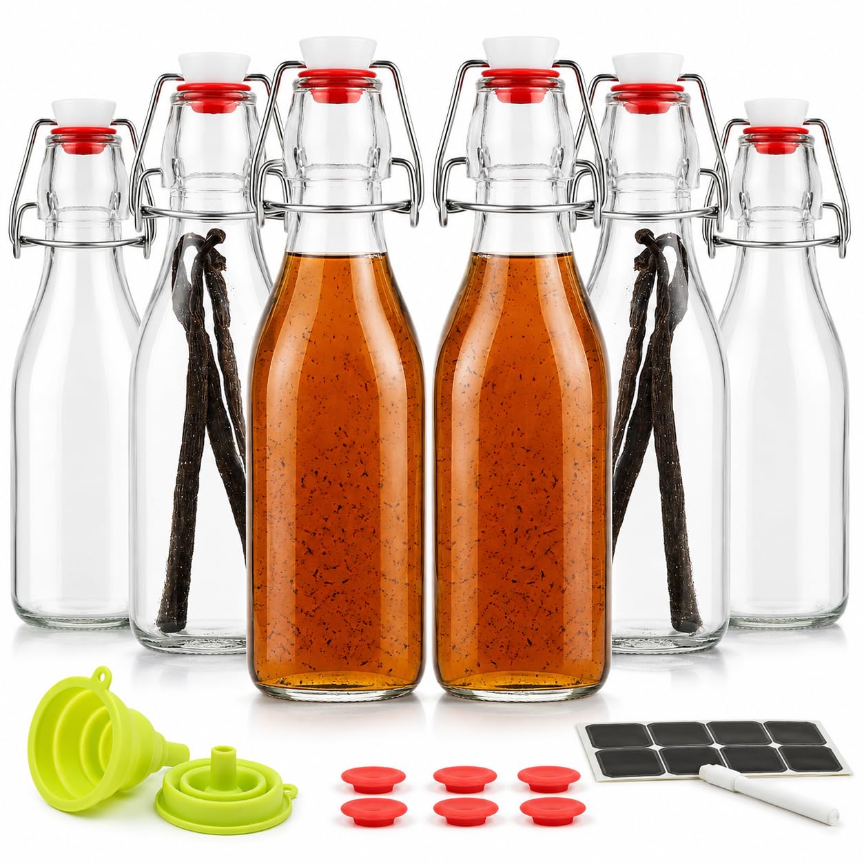 Vanilla Extract Bottles [8.5 oz, 6-Pack] – Flip Top Swing Top Glass Bottles for 